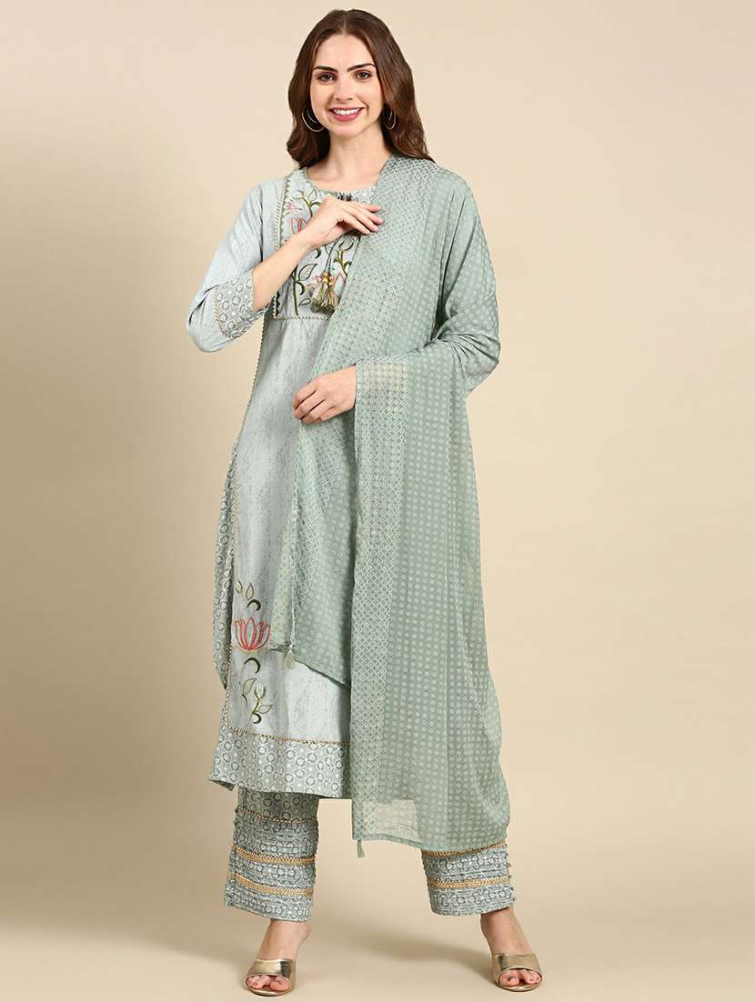 women grey self design kurta pant set with dupatta - 19664934 - Zoom Image - 0