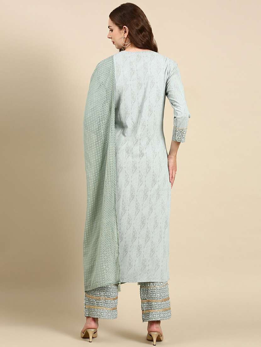women grey self design kurta pant set with dupatta - 19664934 - Standard Image - 3