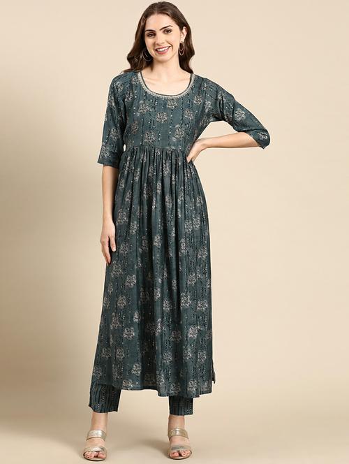 women printed round neck kurta pant set - 19664962 -  Standard Image - 0