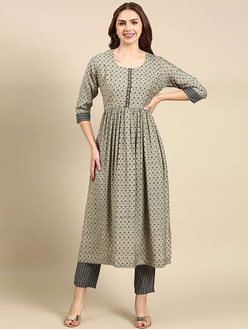 women grey printed round neck kurta pant set - 19664965 - Standard Image - 0