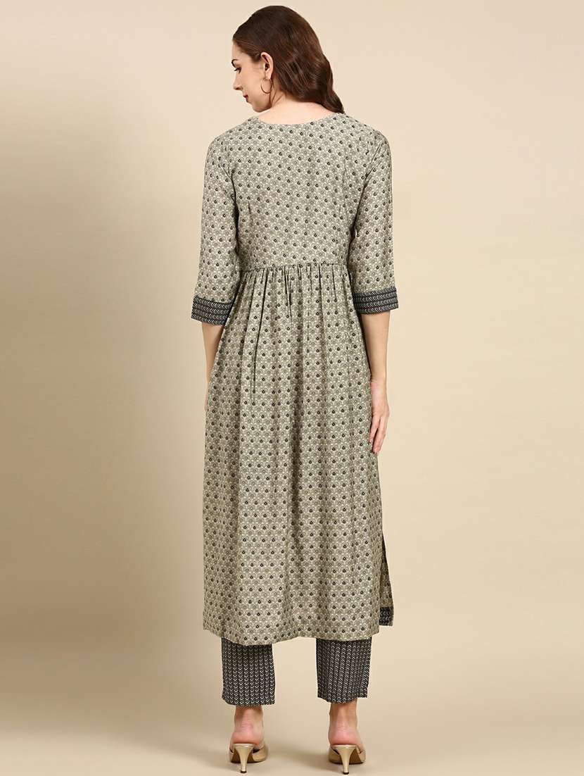 women grey printed round neck kurta pant set - 19664965 - Standard Image - 3