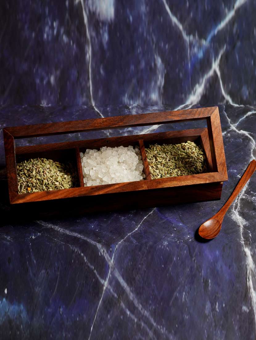 set of 2 square wooden spice box with spoon