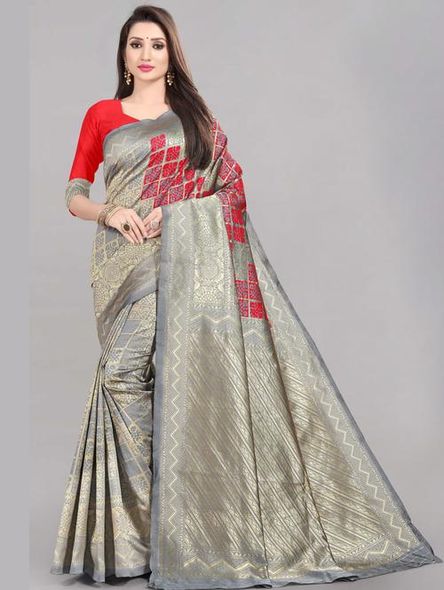 red silk blend banarasi saree with blouse - 19666538 -  Standard Image - 0