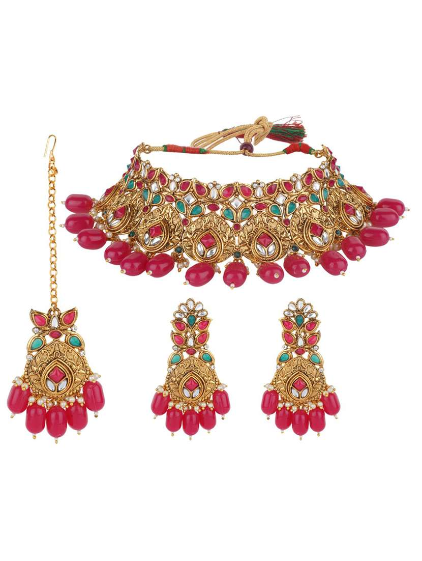 matushri art indian traditional necklace with earrings and maang tikka