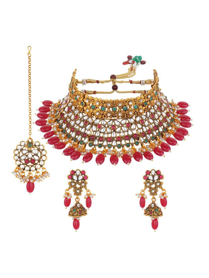 matushri art indian traditional necklace with earrings and maang tikka