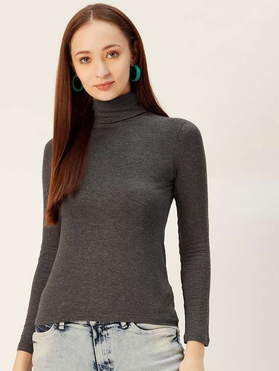 women high neck solid regular top