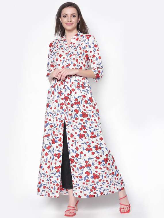women mandarin collar printed a-line dress - 19669115 - Zoom Image - 0