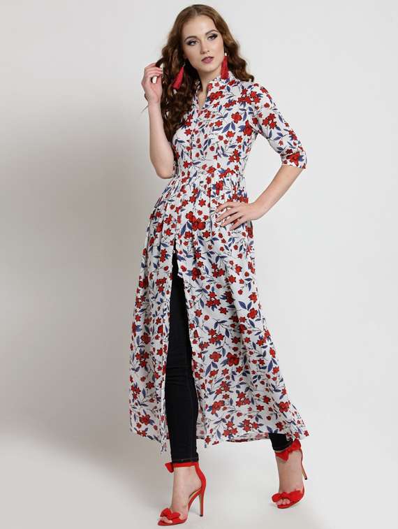 women mandarin collar printed a-line dress - 19669167 -  Zoom Image - 0
