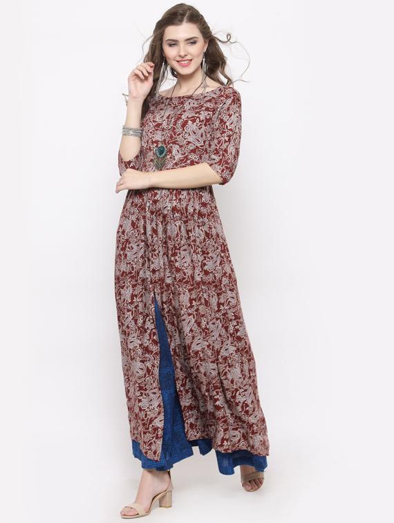 women boat neck printed kurta palazzo set - 19670278 -  Zoom Image - 0