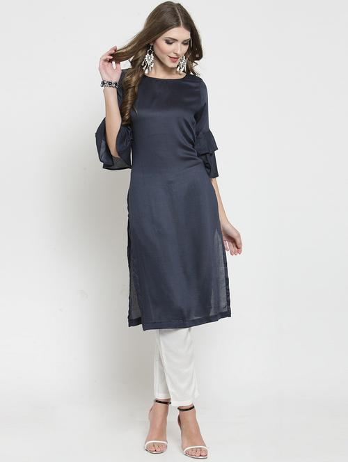 women navy blue round neck kurta pant set - 19670359 - Standard Image - 0