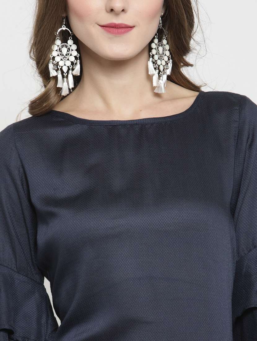 women navy blue round neck kurta pant set - 19670359 - Standard Image - 3