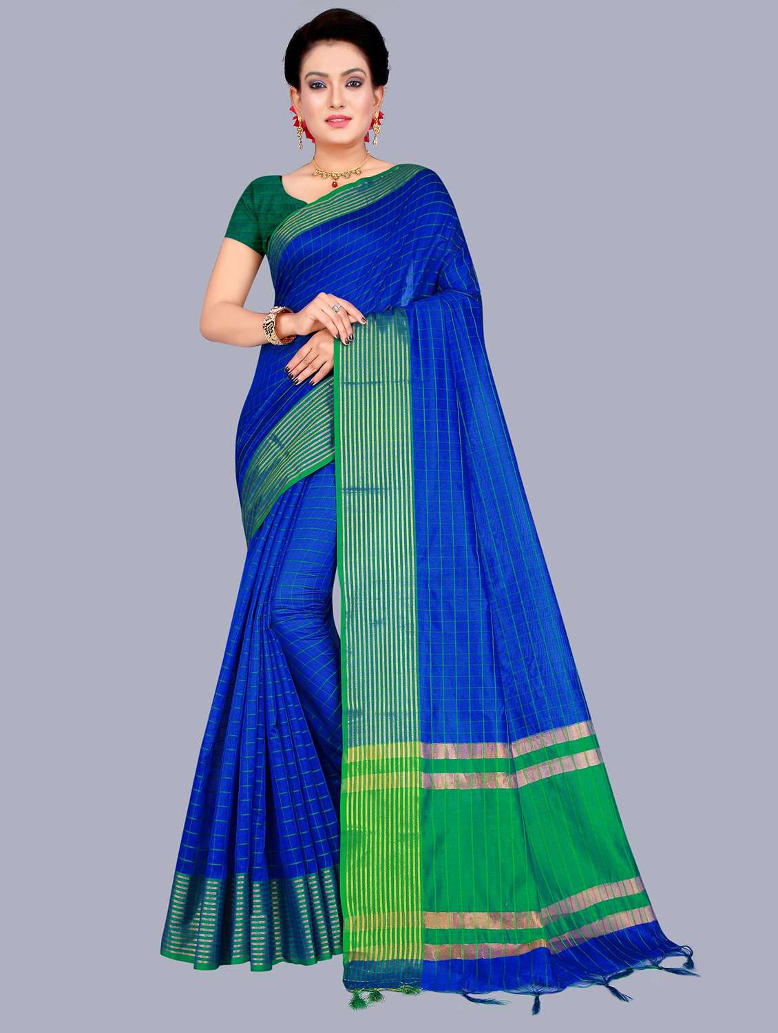 women's checks royal blue colored saree with blouse - 19672450 -  Zoom Image - 0