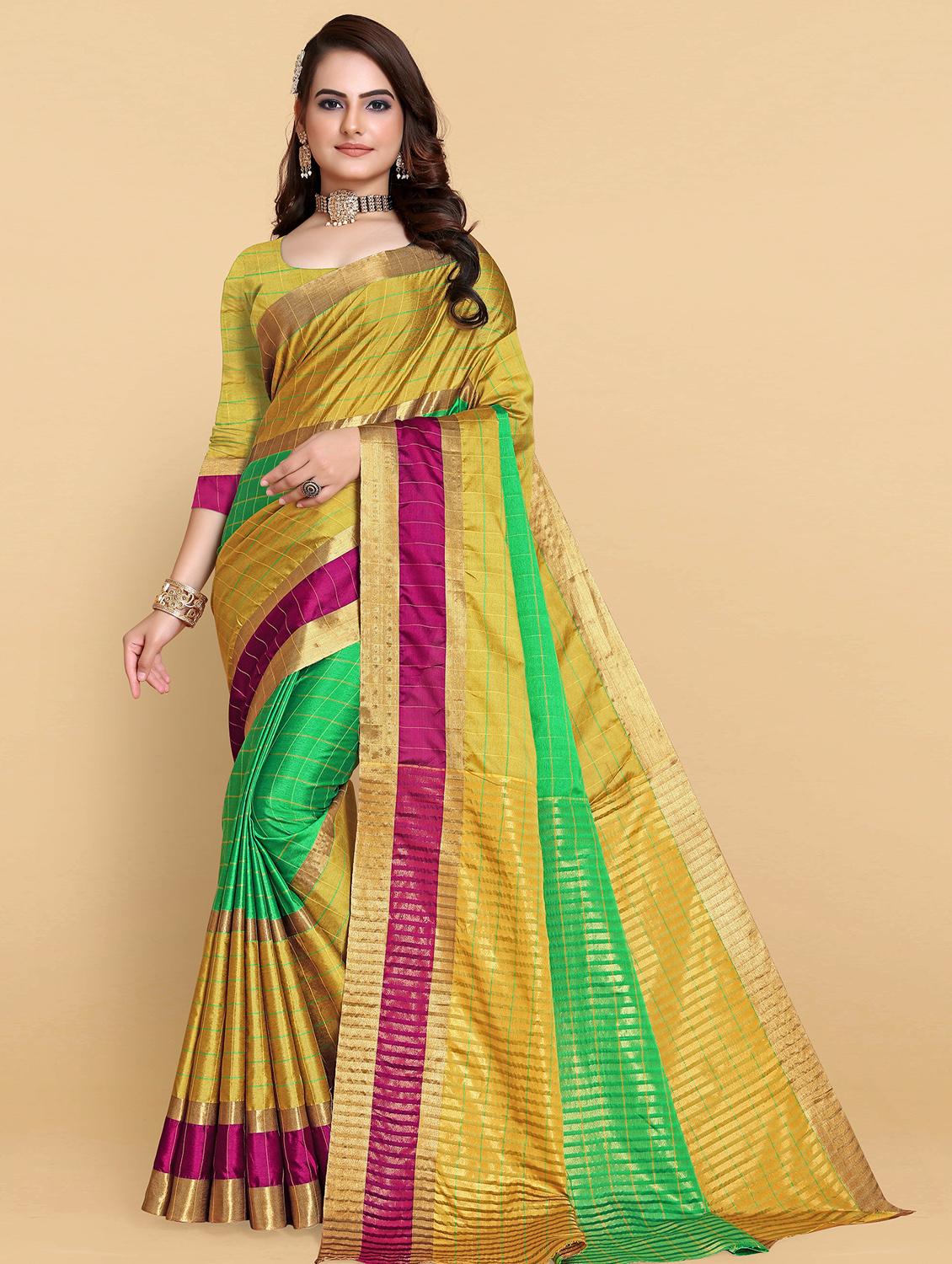 women's checks mustard colored saree with blouse - 19672497 - Zoom Image - 0