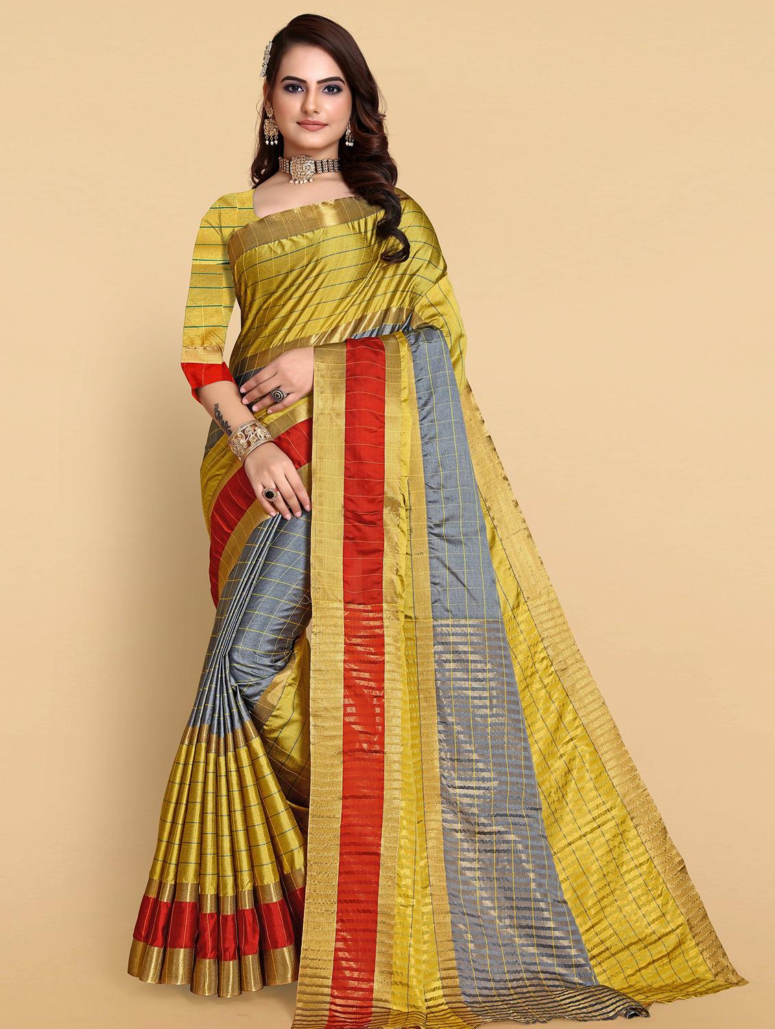women's stripes yellow colored saree with blouse - 19672498 - Zoom Image - 0