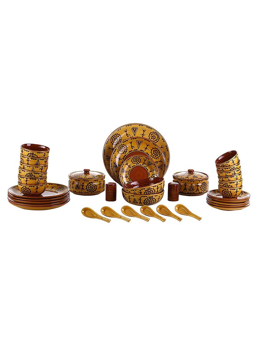 caffeine ceramic handmade mustard romani combo dinner set (37 pcs. microwave safe & dishwasher safe ) - 19682045 - Zoom Image - 0