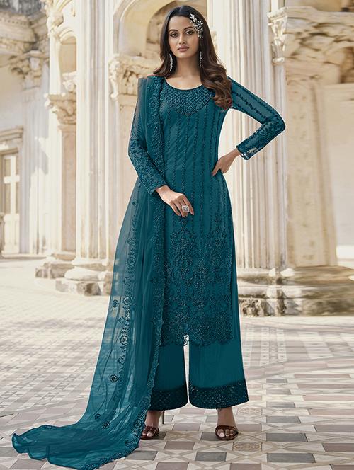 teal embroidered semi-stitched palazzo suit - 19684845 - Standard Image - 0