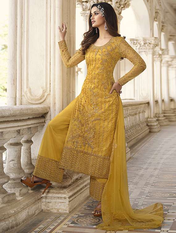 yellow embroidered semi-stitched palazzo suit - 19684846 - Zoom Image - 0