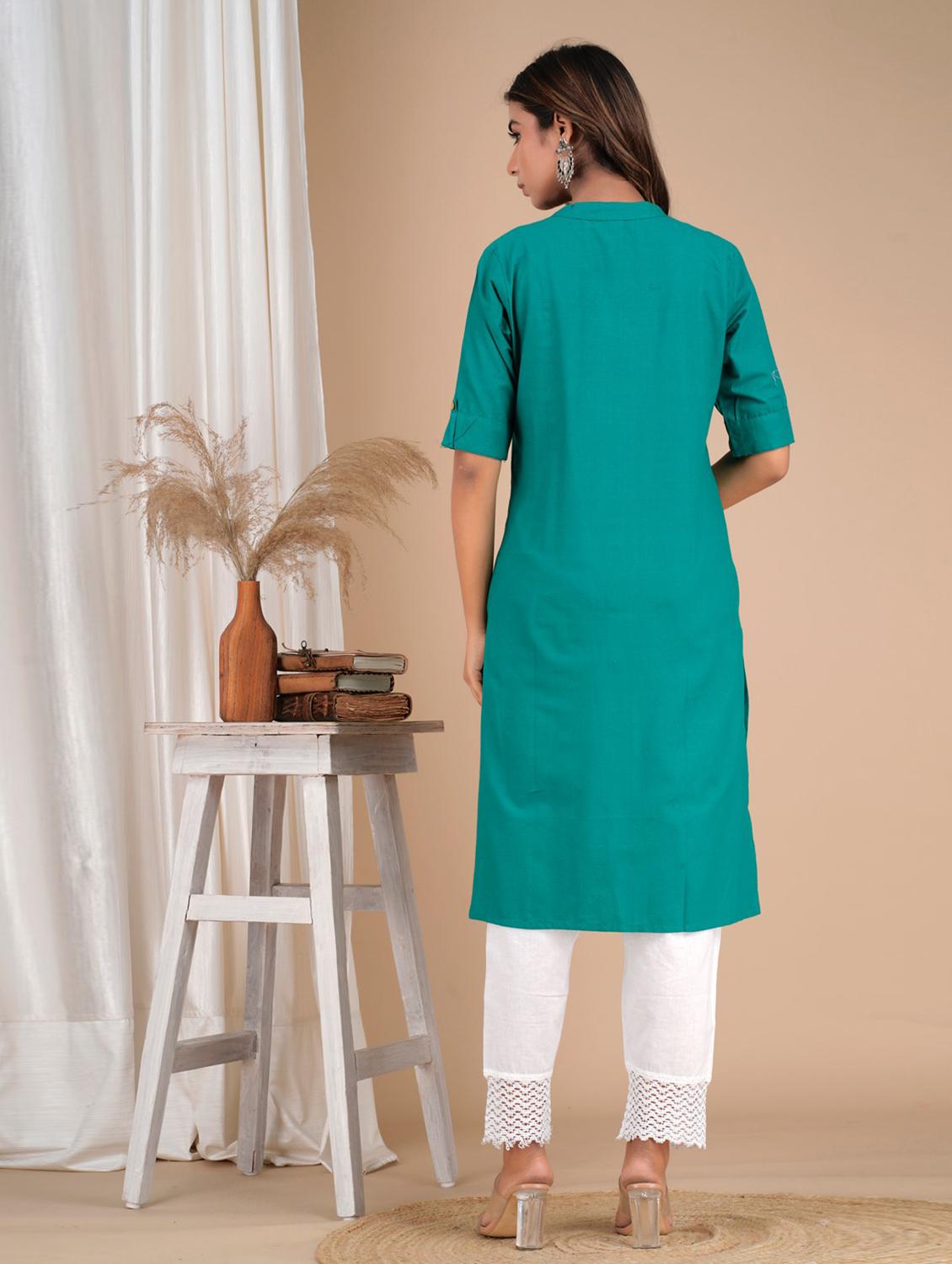 teal cotton solid kurta dupatta set - 19685648 - Standard Image - 3