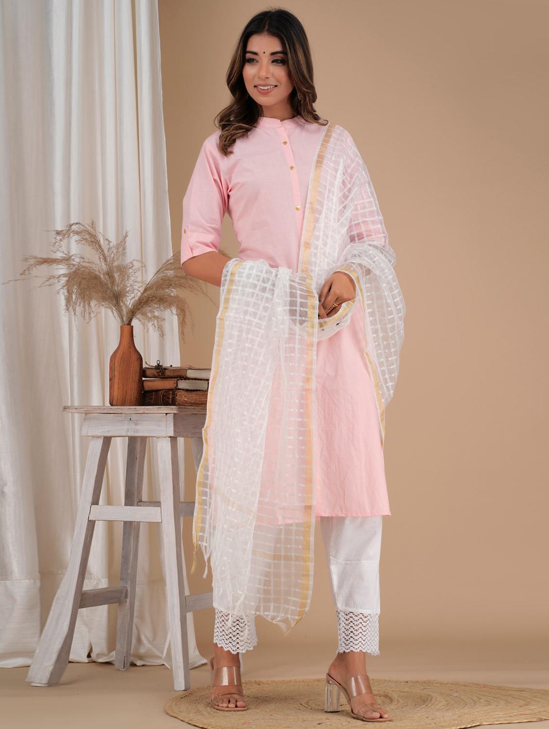 pink cotton solid kurta pant dupatta set - 19685653 - Zoom Image - 0