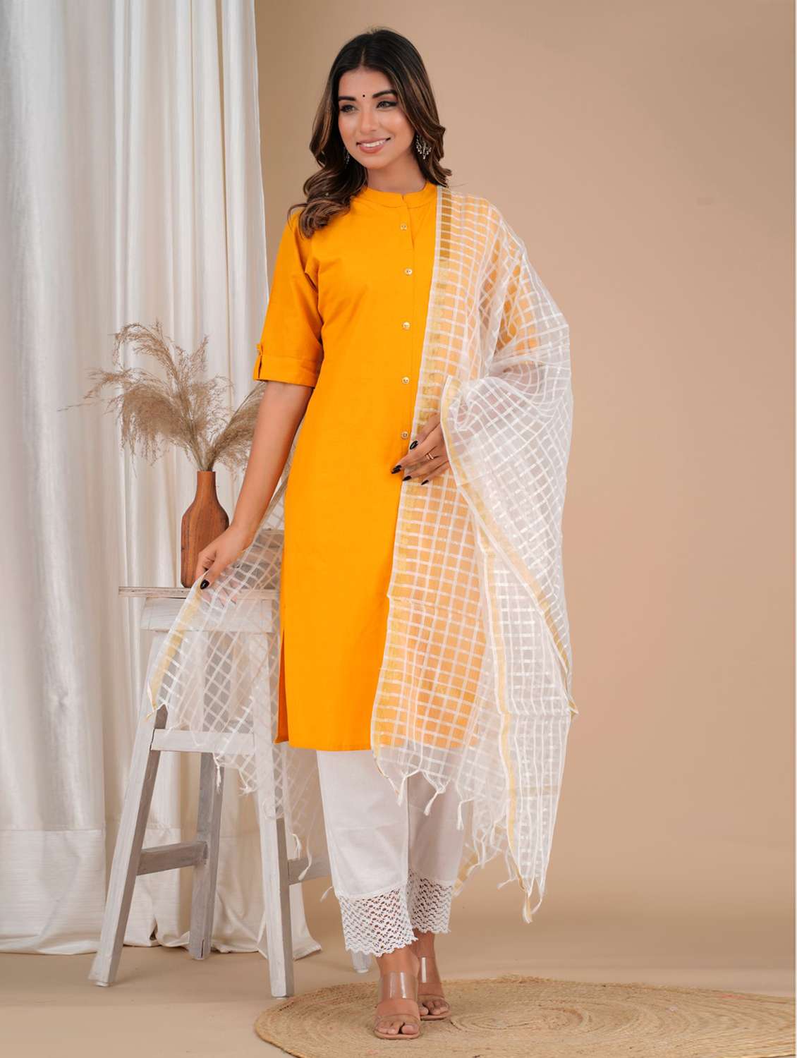 yellow cotton solid kurta dupatta set - 19685655 - Zoom Image - 0