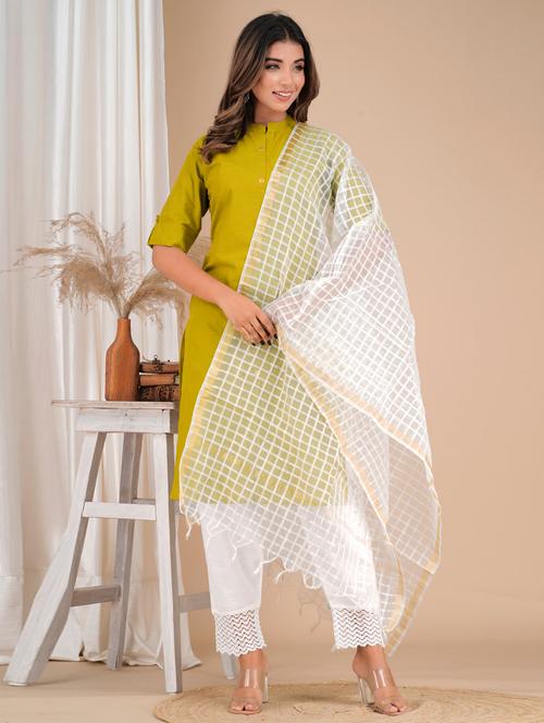 green cotton solid kurta dupatta set - 19685656 - Standard Image - 0