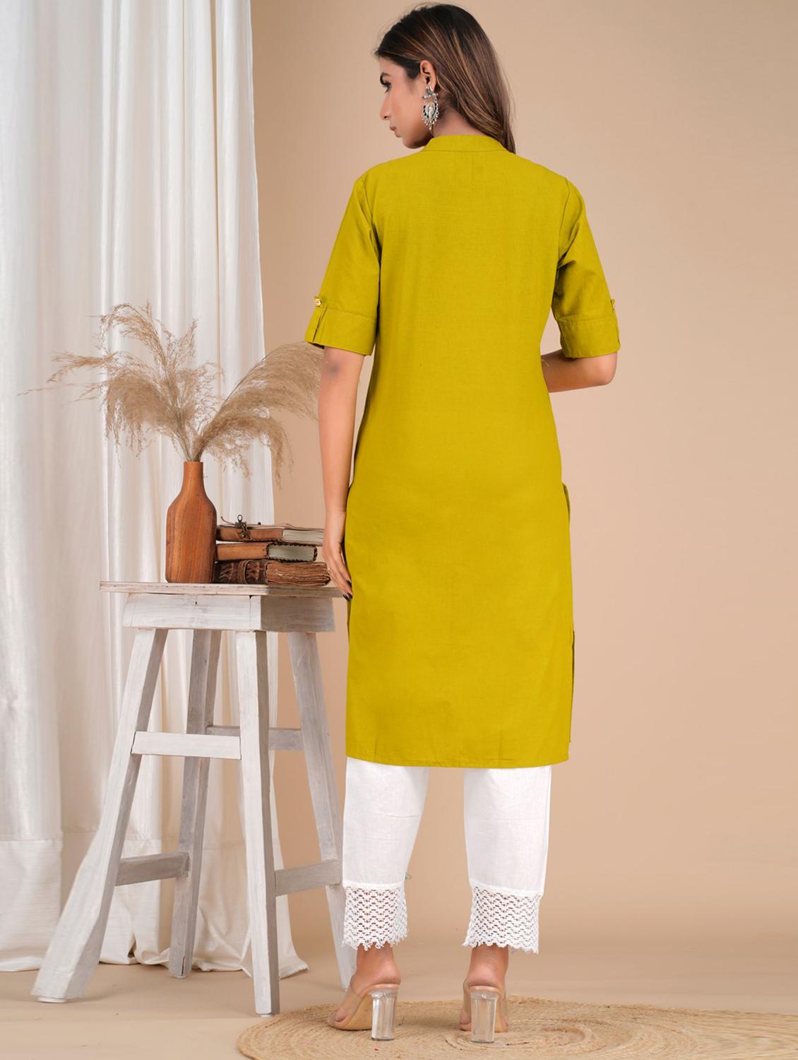 green cotton solid kurta dupatta set - 19685656 - Standard Image - 3