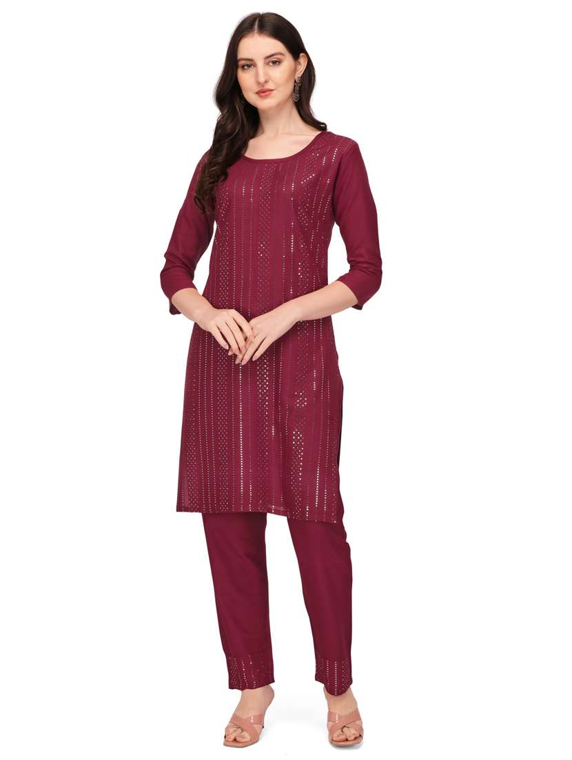 purple self design embroidered kurta pant set - 19690416 - Zoom Image - 0