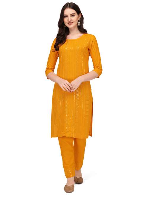 yellow self design embroidered kurta pant set - 19690420 - Standard Image - 0