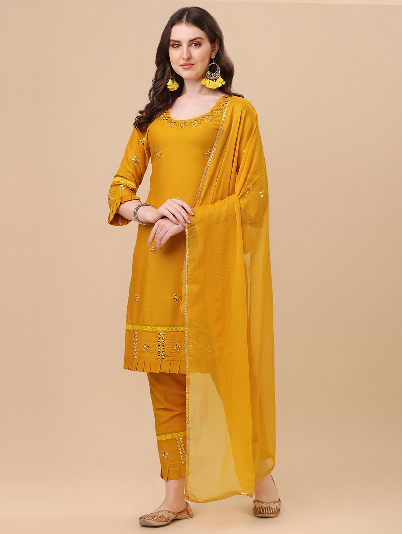 yellow self design embroidered suit set - 19690425 - Zoom Image - 0