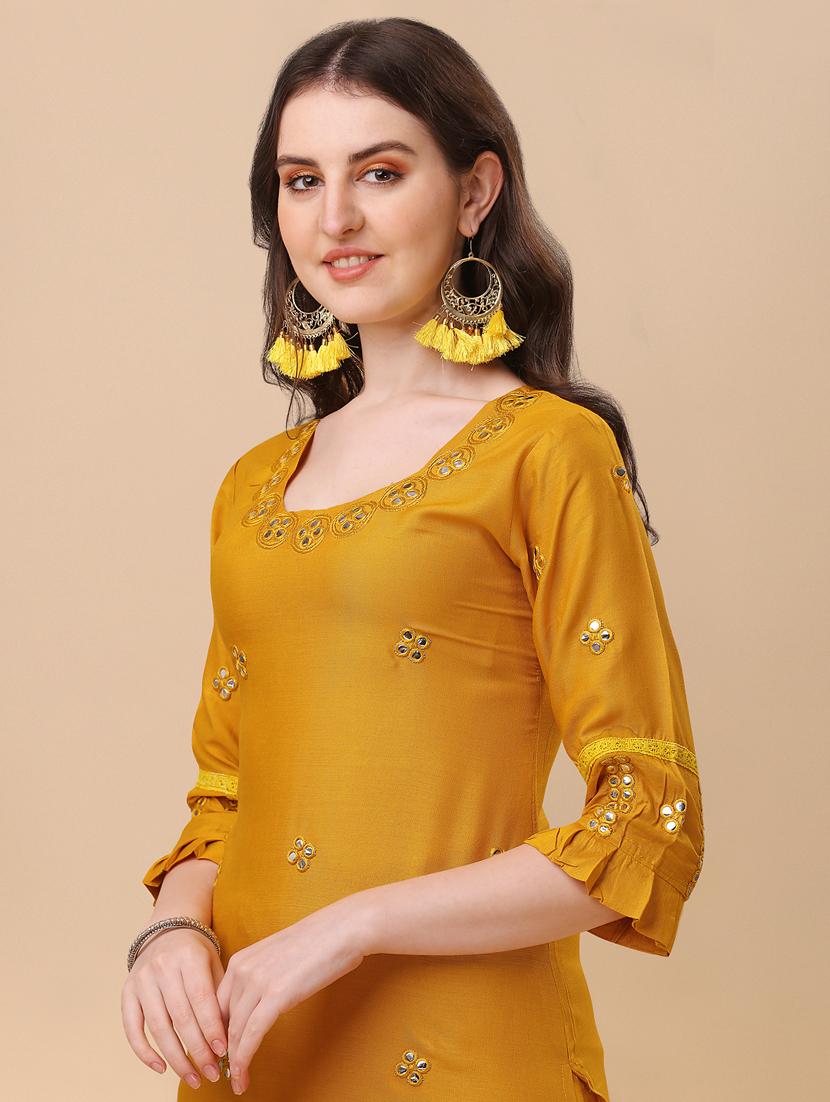 yellow self design embroidered suit set - 19690425 - Standard Image - 3