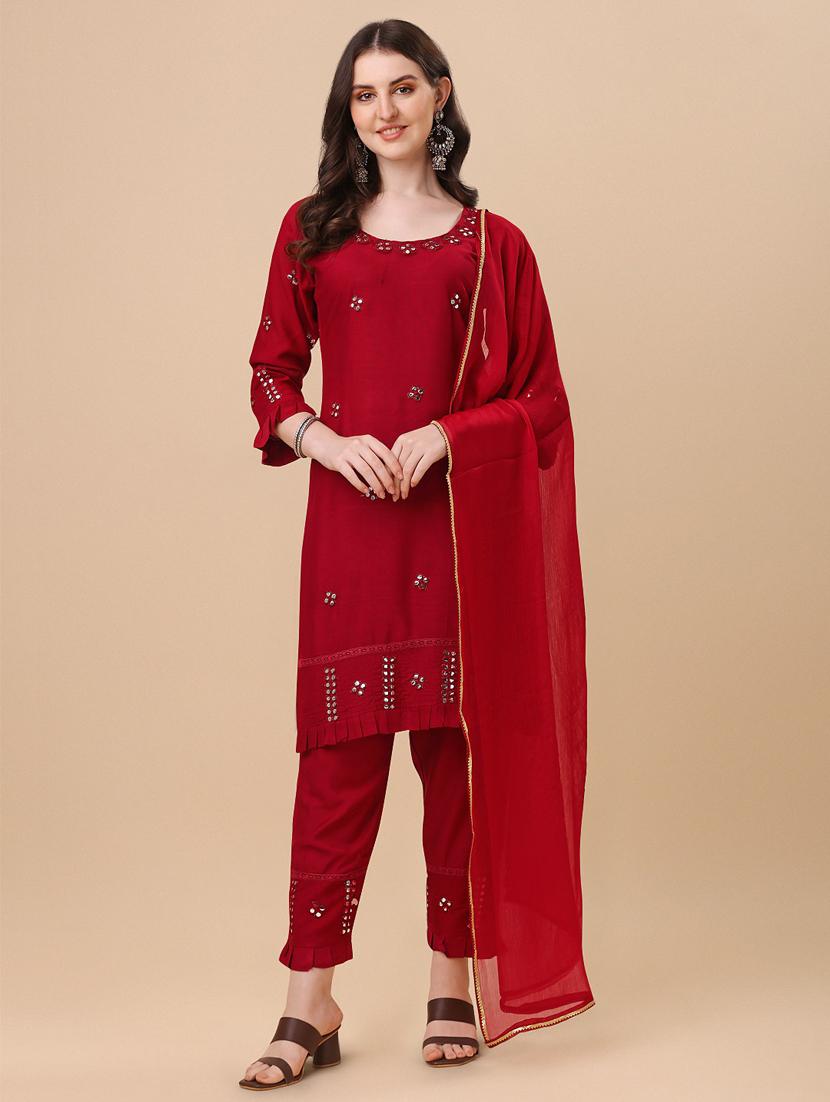 red self design embroidered suit set - 19690430 -  Zoom Image - 0