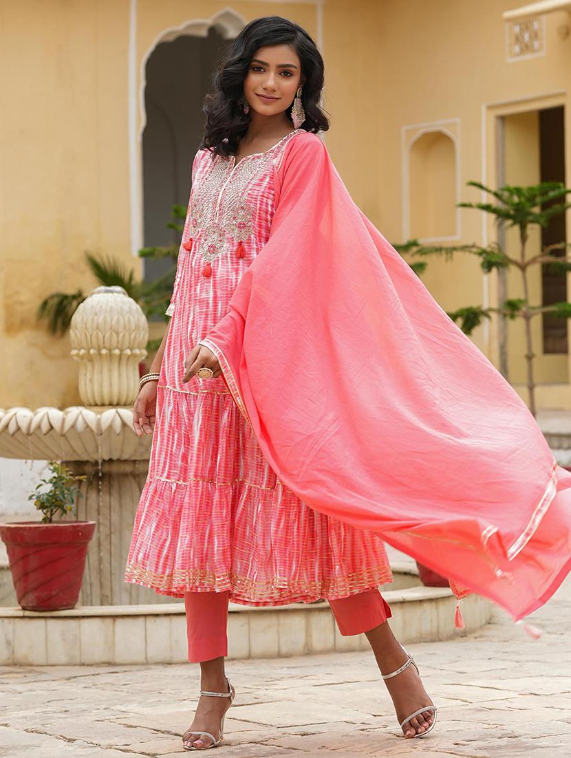 Trending baby Pink Coloured Floor Length Anarkali Pattern Kurta With Pant  Or Dupatta Set