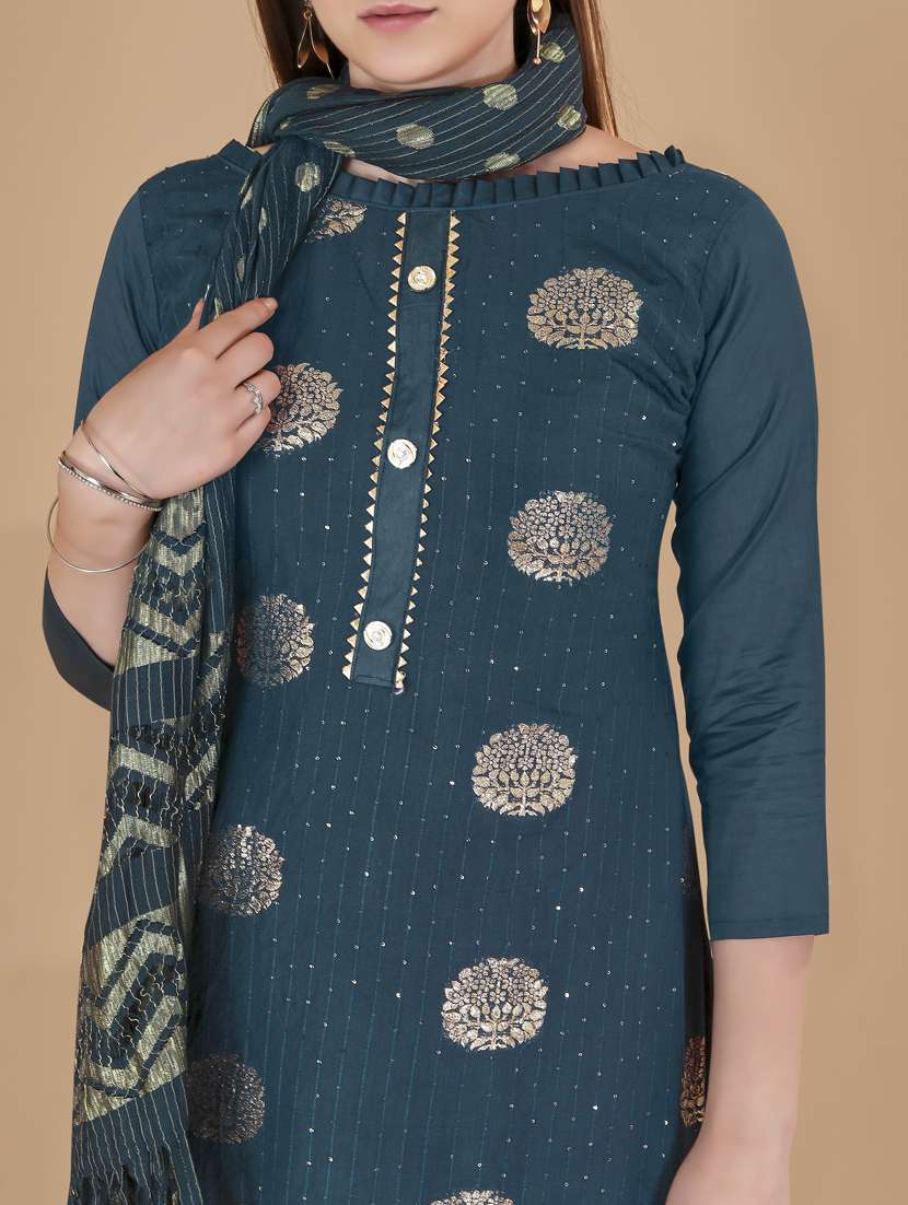 teal printed straight pant unstitched suit - 19693580 - Standard Image - 3