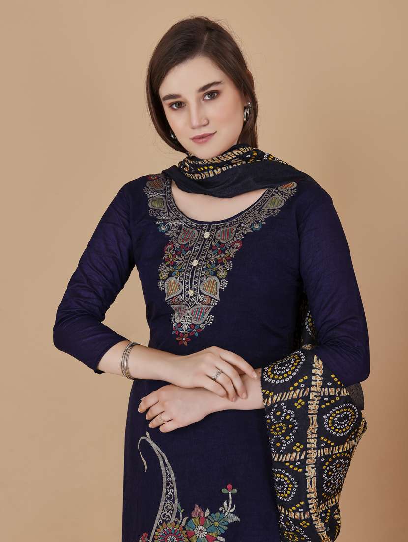 navy printed straight pant unstitched suit - 19693595 -  Standard Image - 3