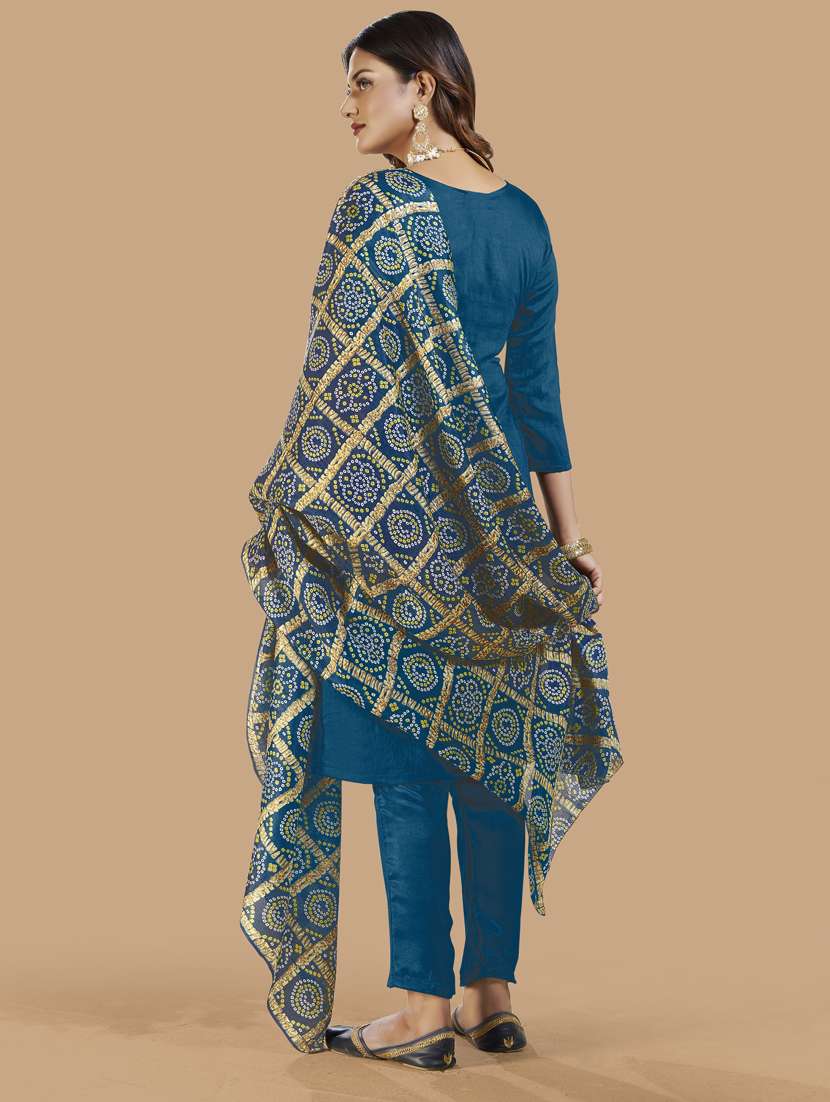 teal printed straight pant unstitched suit - 19693598 -  Standard Image - 3