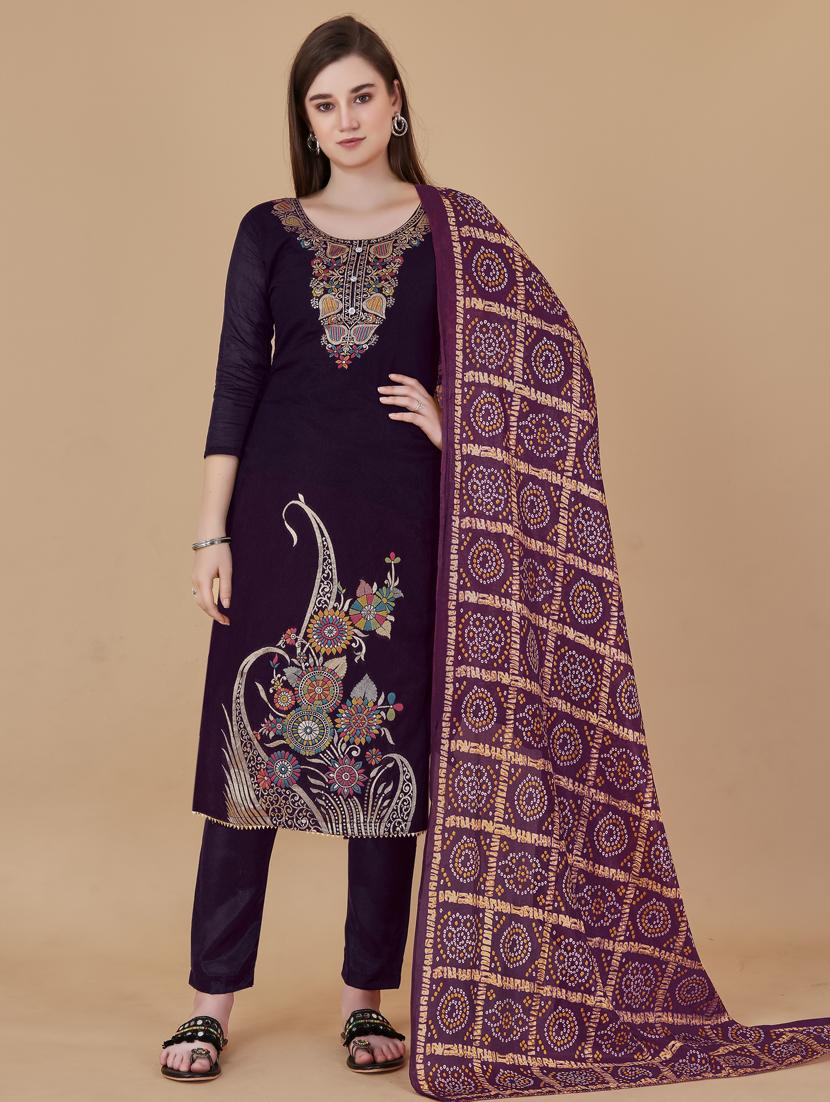 purple printed straight pant unstitched suit - 19693599 -  Zoom Image - 0