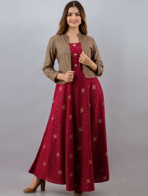 Women Boat Neck Printed Flared Kurta With Jacket