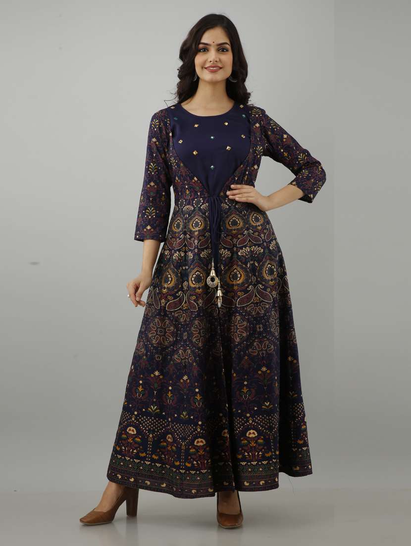 Women Boat Neck Printed Flared Kurta 