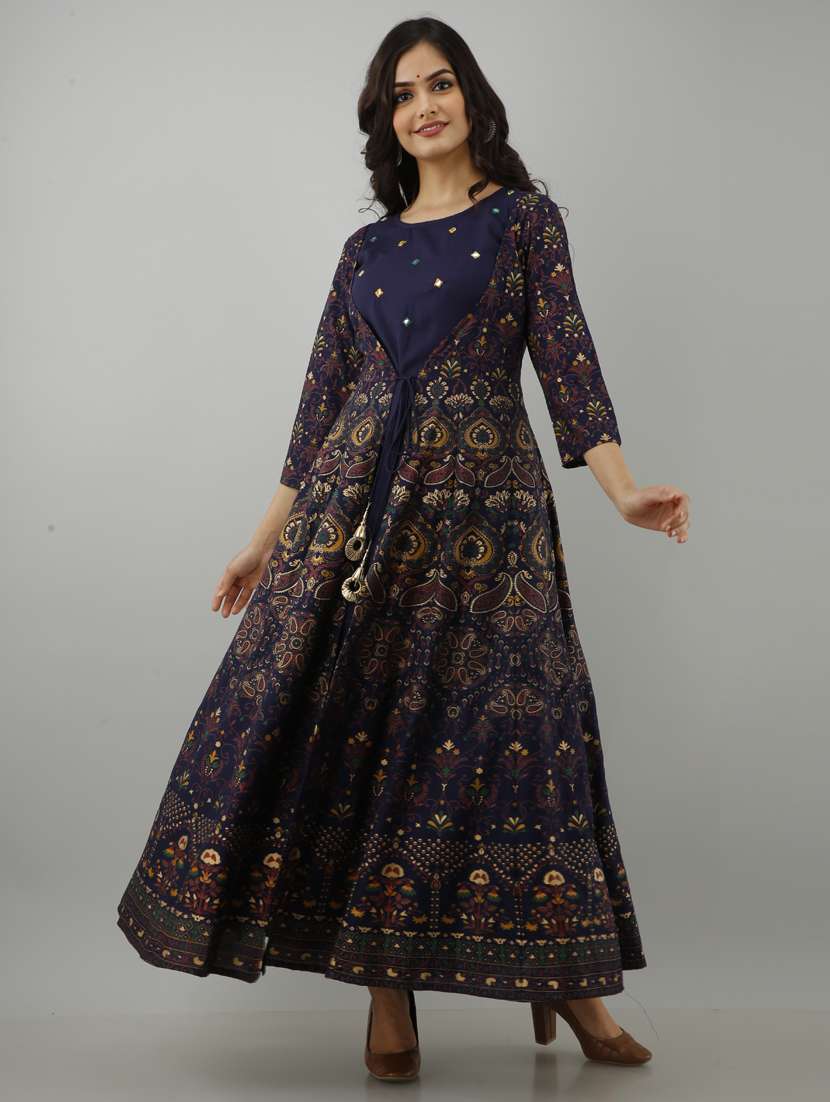 Women Boat Neck Printed Flared Kurta 