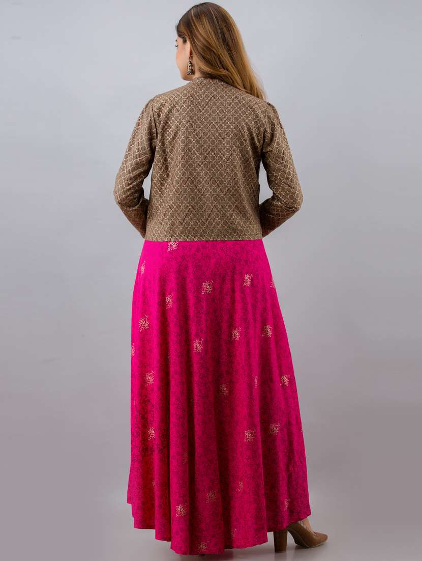 Women Boat Neck Printed Flared Kurta With Jacket