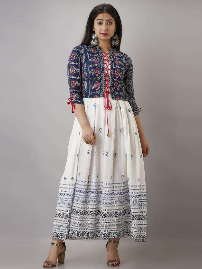 women boat neck printed flared kurta with jacket