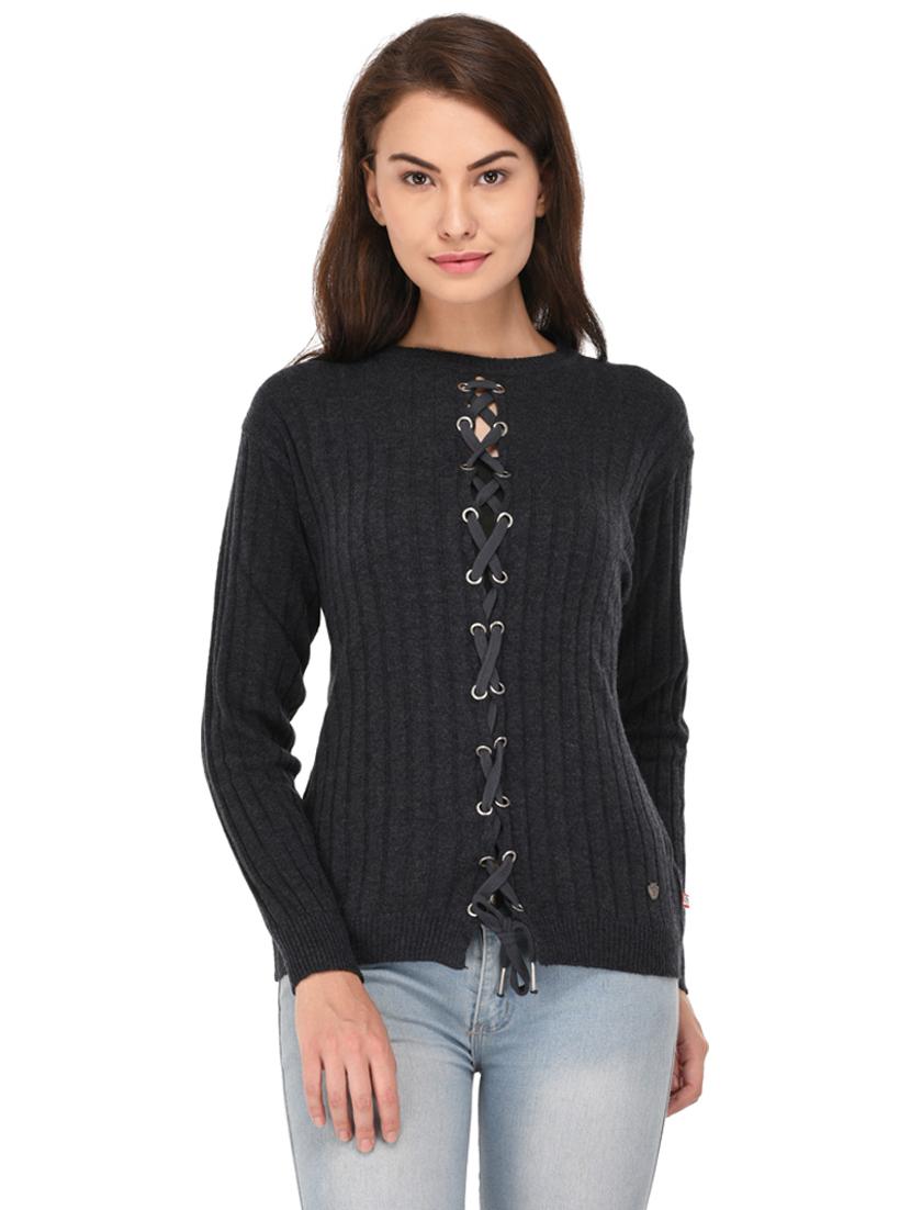 women criss cross charcoal self design pullover