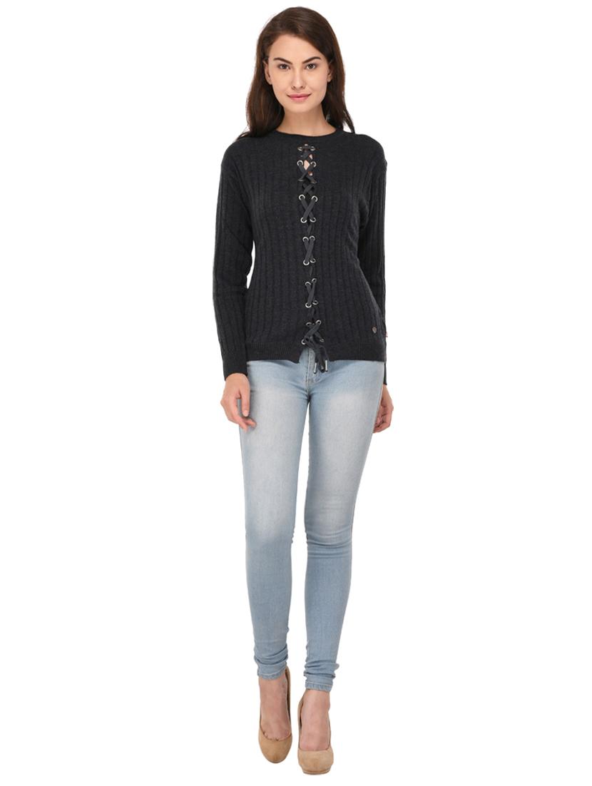 women criss cross charcoal self design pullover - 19694786 - Standard Image - 3