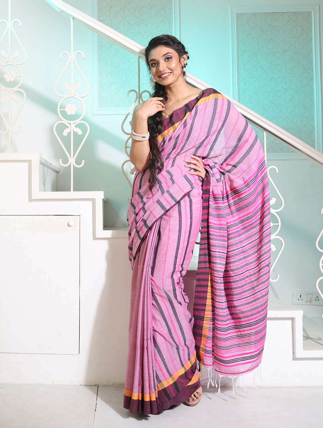 women's stripes purple colored saree with blouse