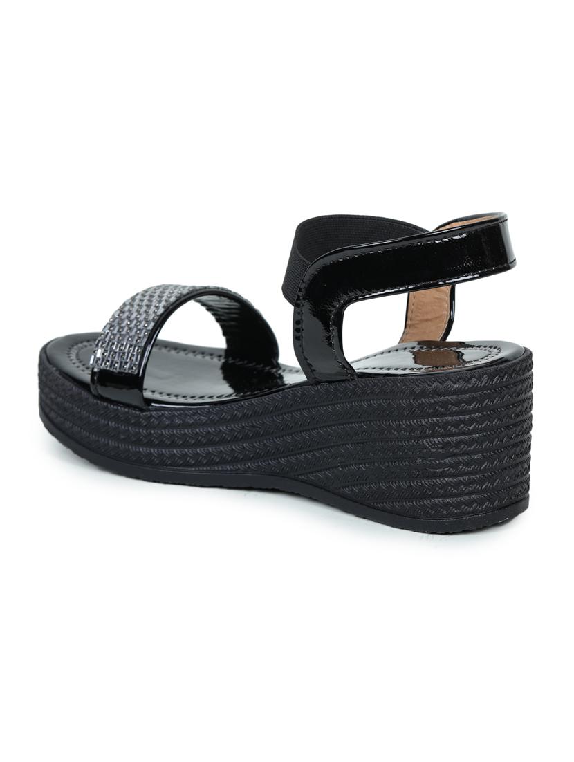 black embellished back strap wedge - 19696871 - Standard Image - 3