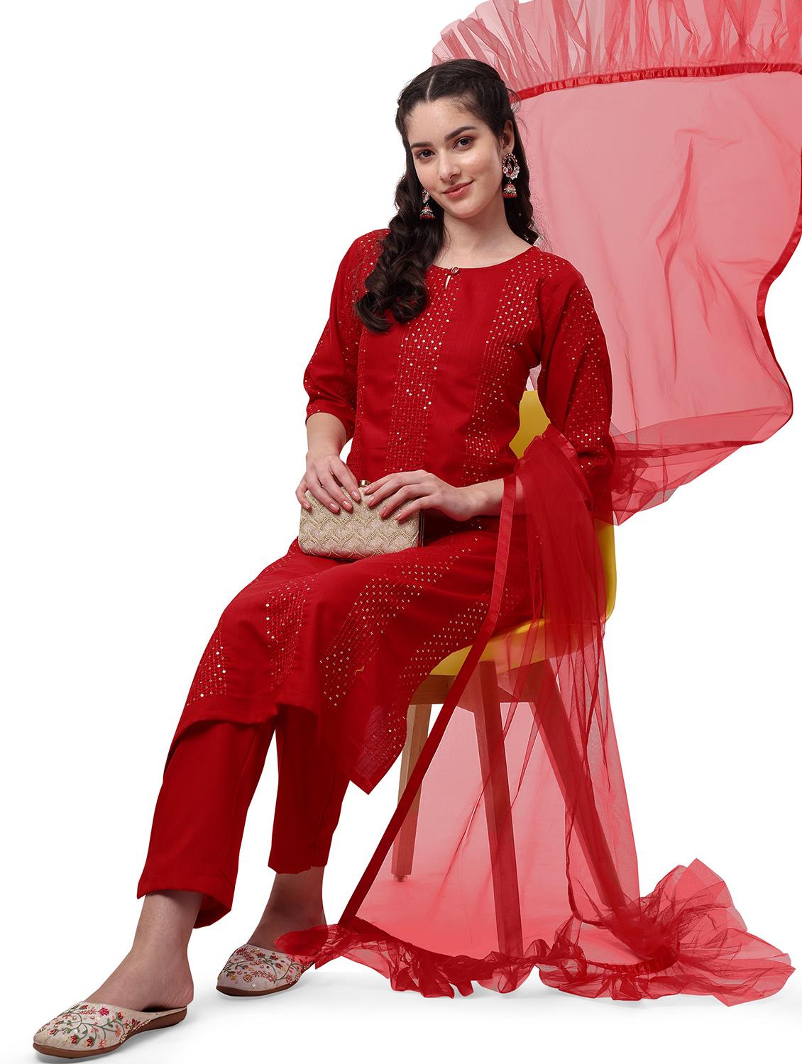 red self design embroidered kurta dupatta set - 19698347 - Standard Image - 3