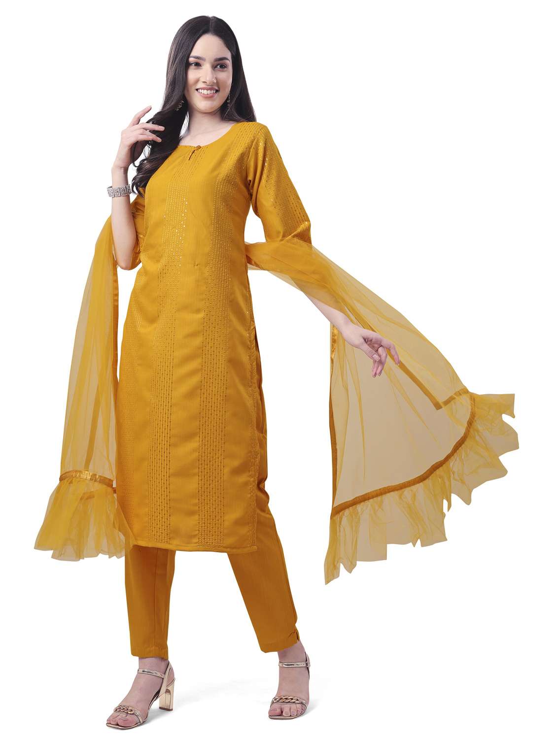 yellow self design embroidered suit set with dupatta - 19698351 - Zoom Image - 0