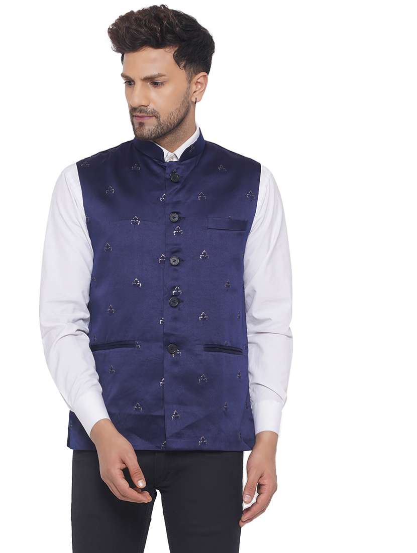 mandarin collar printed nehru jacket