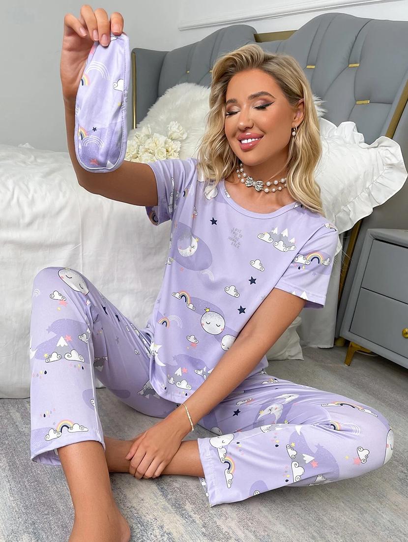 lavender printed pyjama set nightwear set - 19699412 - Standard Image - 3