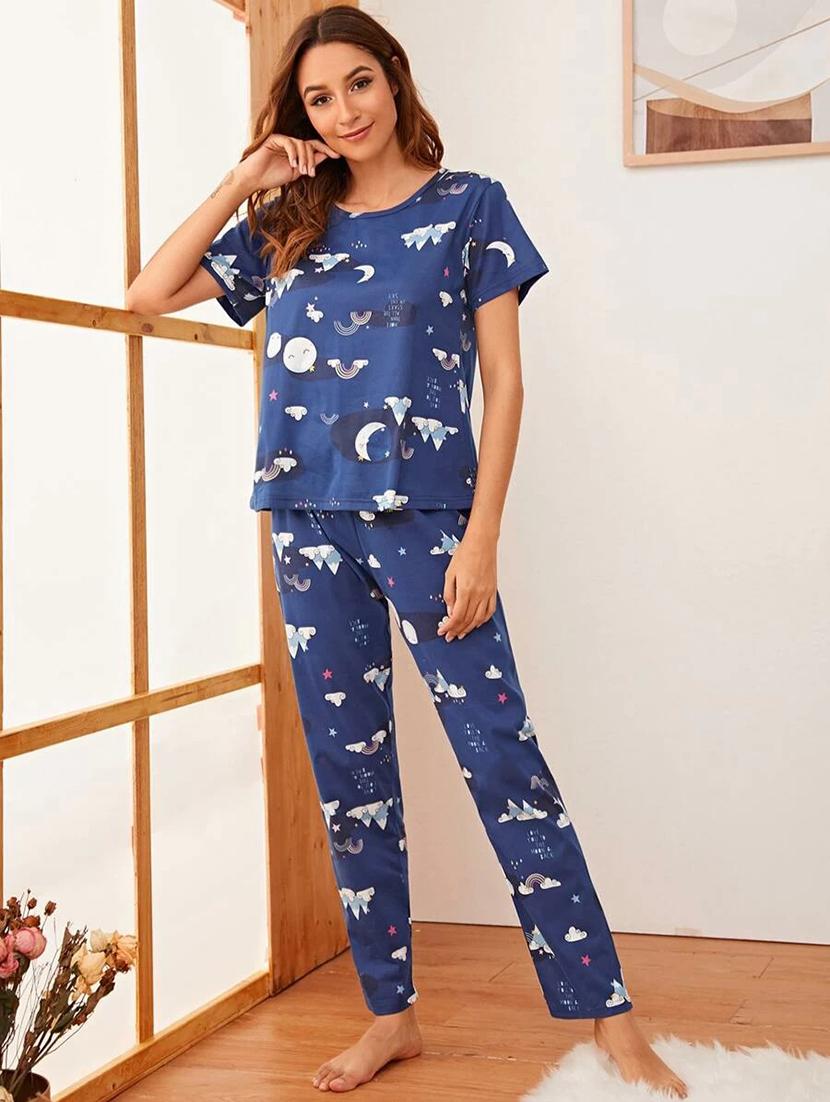 navy blue printed pyjama set nightwear set - 19699413 -  Zoom Image - 0